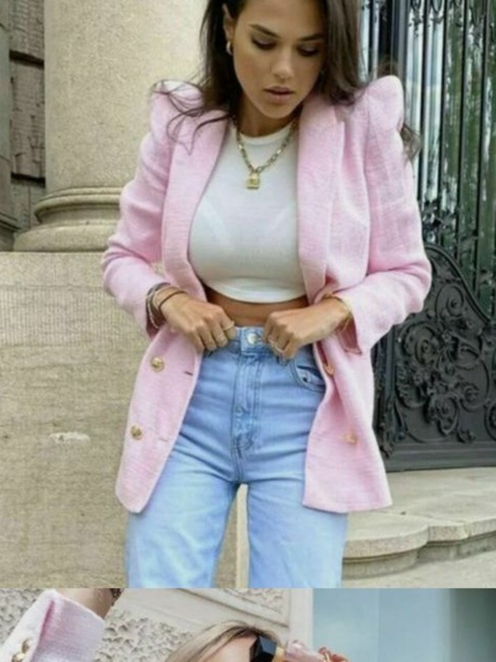 Zara Light Pink Double-Breasted Blazer with Gold Buttons